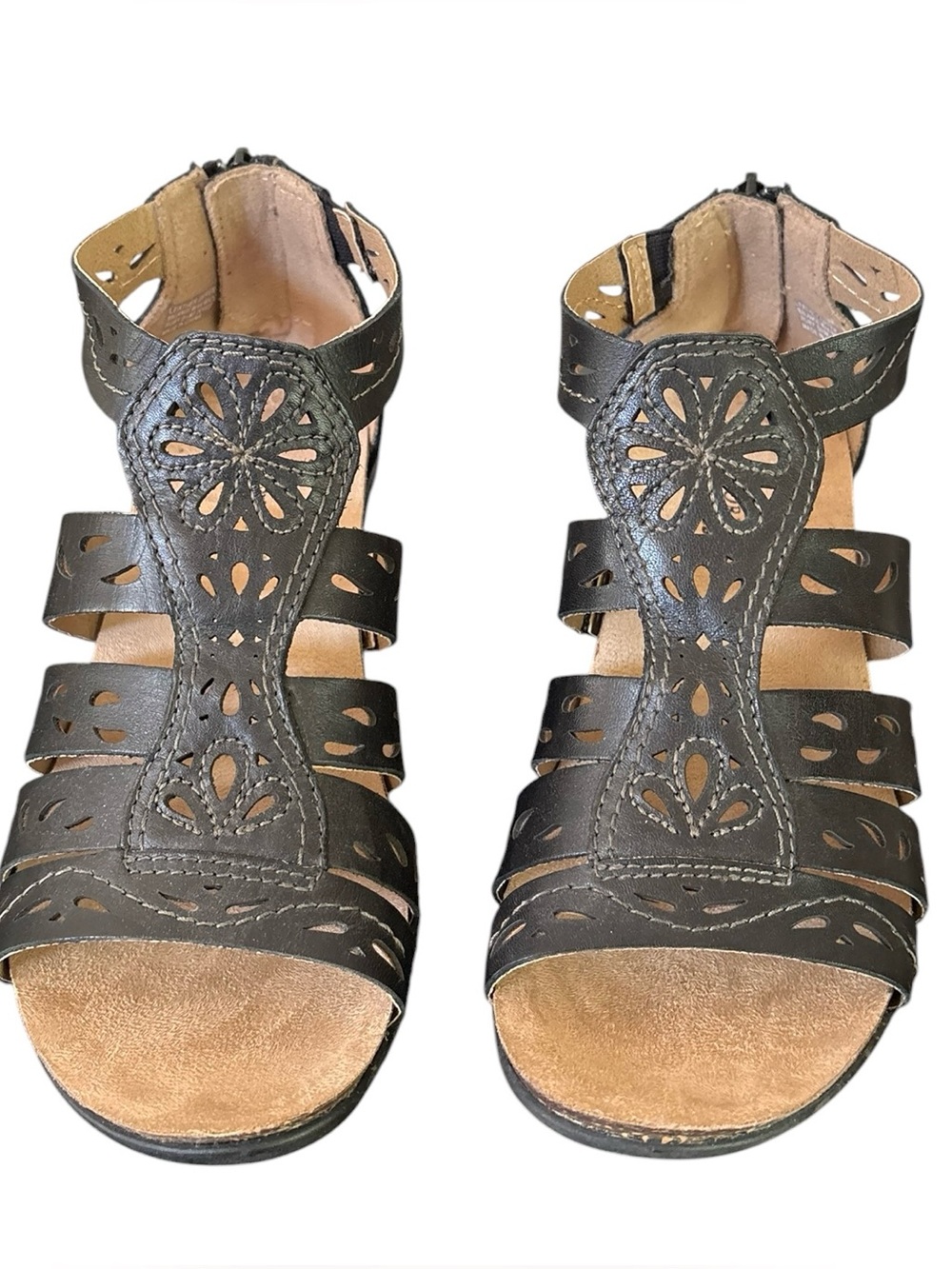Women's Black Laser-Cut Zipper-Back Strappy Wedge Sandals